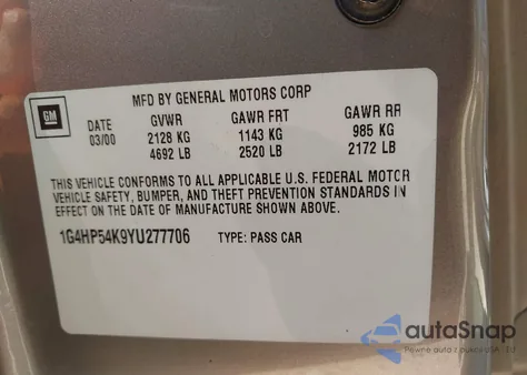 2000 Buick Lesabre Custom z USA, uszkodzony, nr VIN 1G4HP54K9YU277706